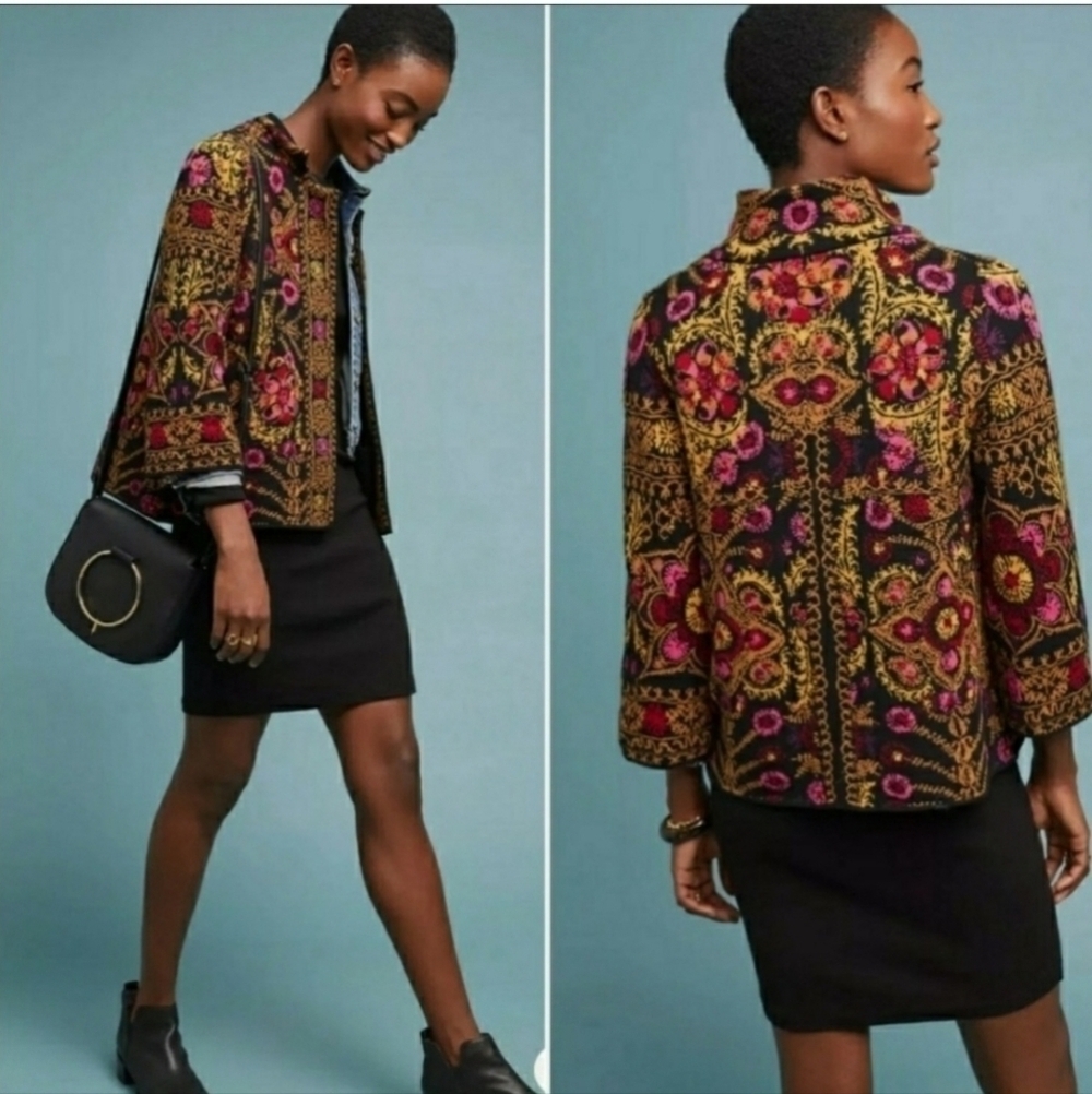 Anthropologie Moth Payton Floral Jacquard Jacket Sweater Cardigan Fair isle S